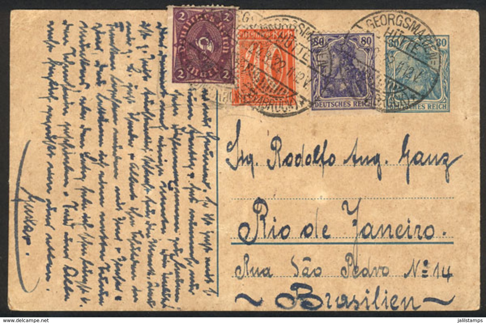 GERMANY: Uprated Postal Card (total Postage 3.50Mk., INFLA Postage) Sent From Georgsmarien-Hütte To Brazil On 24/AU/1922 - Otros & Sin Clasificación