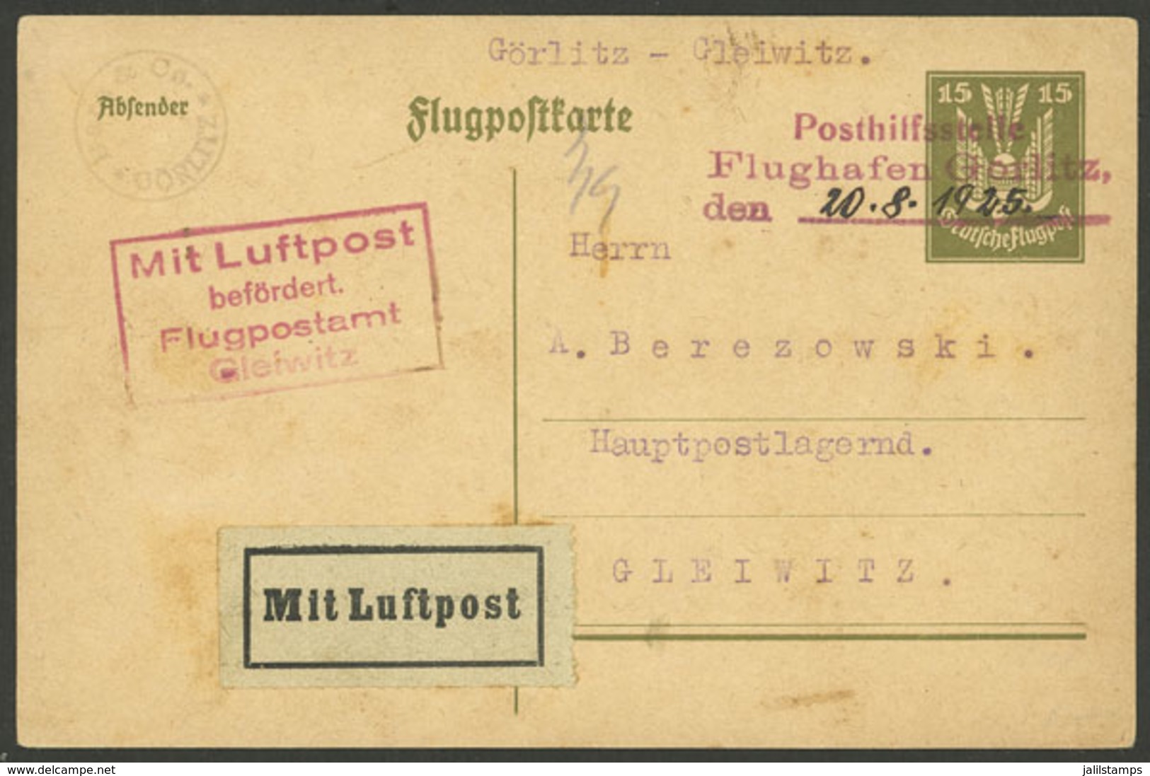 GERMANY: 20/AU/1925 Görlitz - Gleiwitz, Flown Postal Card, With Special Markings, Interesting! - Altri & Non Classificati