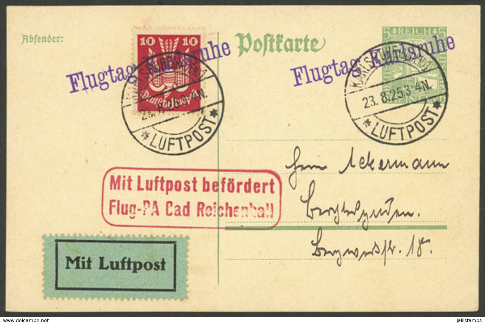 GERMANY: 23/AU/1925 Postal Card Of 5Pg. + 10Pg. Airmail Stamp Flown From Karlsruhe To Bad Reichenhall, Very Nice! - Altri & Non Classificati