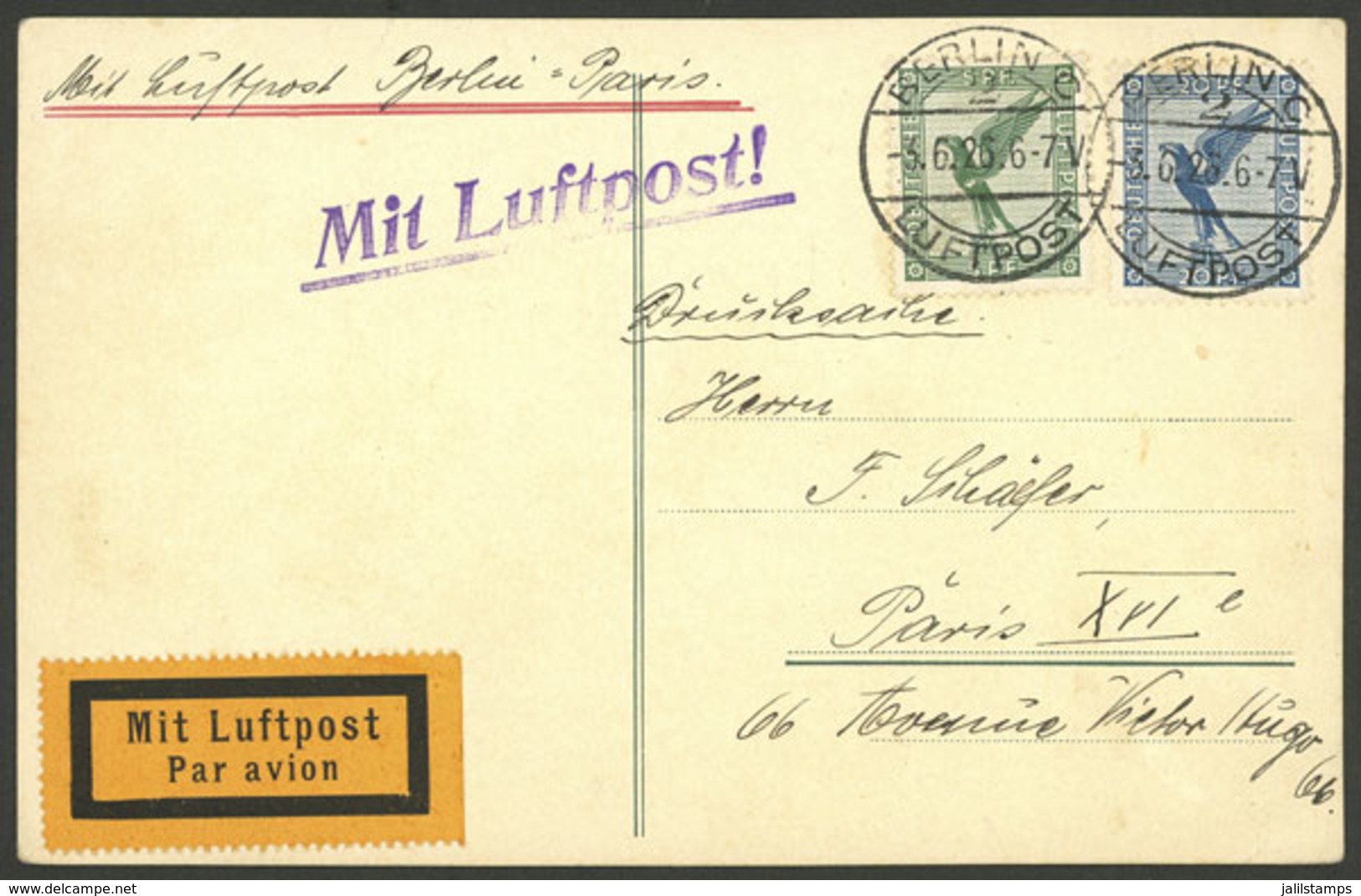 GERMANY: 3/JUN/1926 Berlin - Paris, DLH First Flight, Card With Arrival Backstamp (same Date), VF! - Altri & Non Classificati