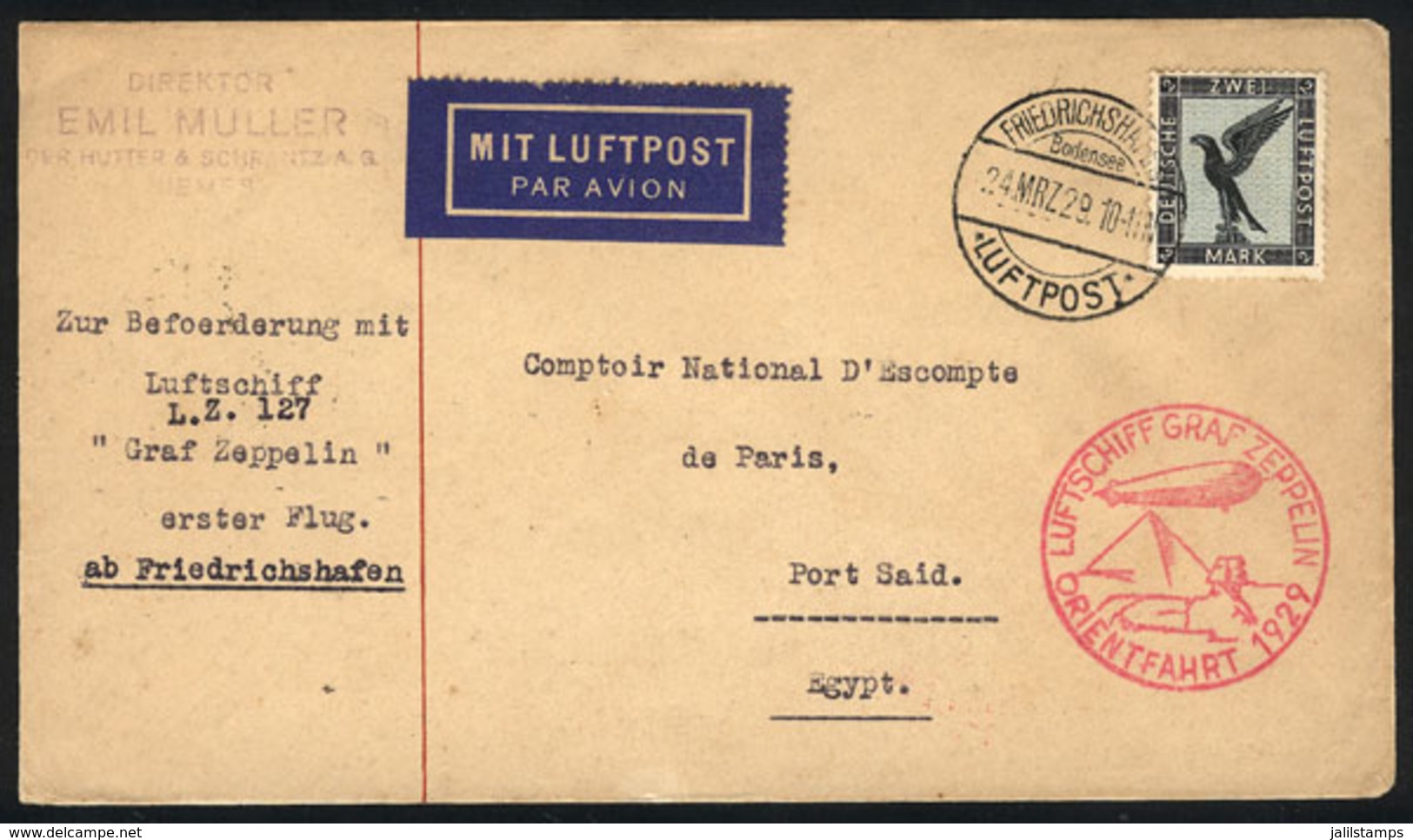 GERMANY: Cover Flown By ZEPPELIN From Friedrichshafen To Egypt On 24/MAR/1929, With Special Handstamp Of The Flight And  - Altri & Non Classificati