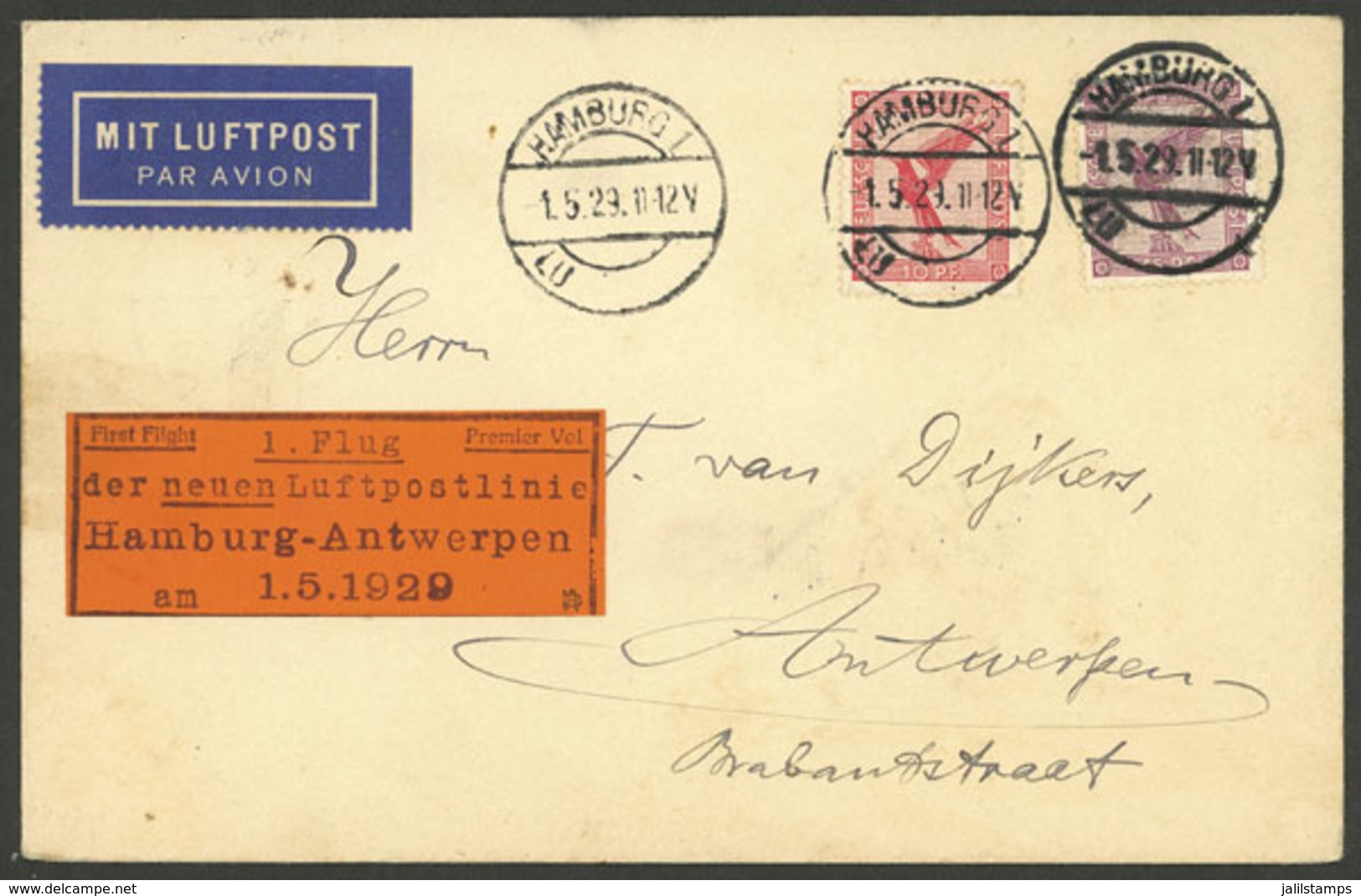 GERMANY: 1/MAY/1929 Hamburg - Antwerpen, First Flight, Cover Of VF Quality With Arrival Backstamp (same Date), VF! - Other & Unclassified