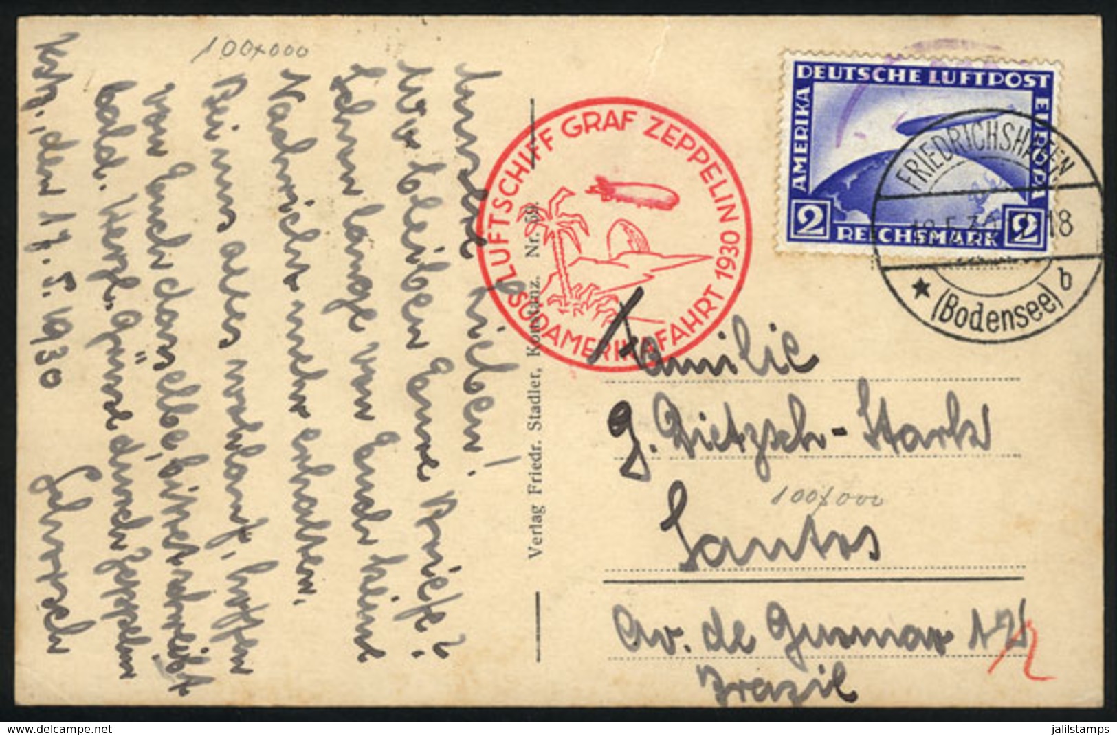 GERMANY: Postcard Franked With Sc.C36, Sent From Friedrichshafen To Santos (Brazil) On 18/MAY/1930 Via ZEPPELIN, Very Ni - Altri & Non Classificati