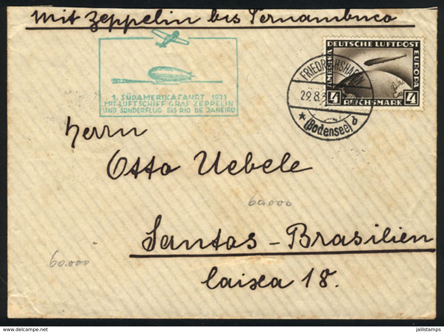 GERMANY: Cover Sent Via ZEPPELIN From Friedrichshafen To Santos (Brazil) On 29/AU/1932, Franked By Sc.C37, With Special  - Altri & Non Classificati