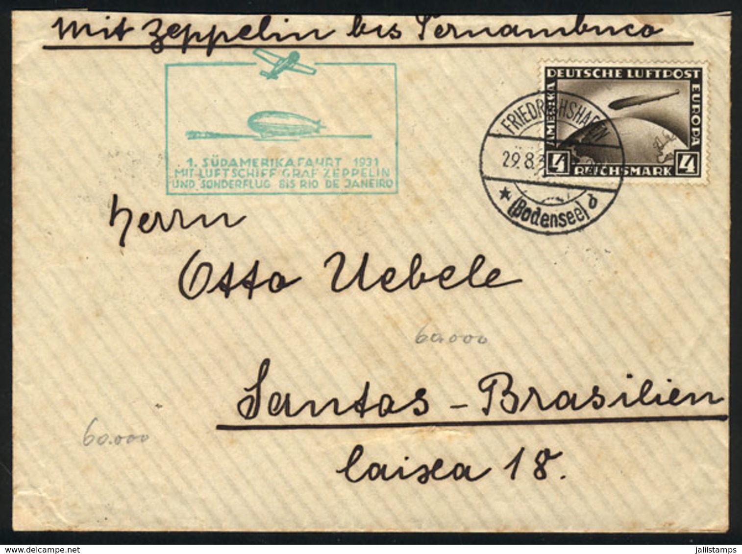 GERMANY: Cover Sent Via ZEPPELIN From Friedrichshafen To Santos (Brazil) On 29/AU/1932, Franked By Sc.C37, With Special  - Sonstige & Ohne Zuordnung