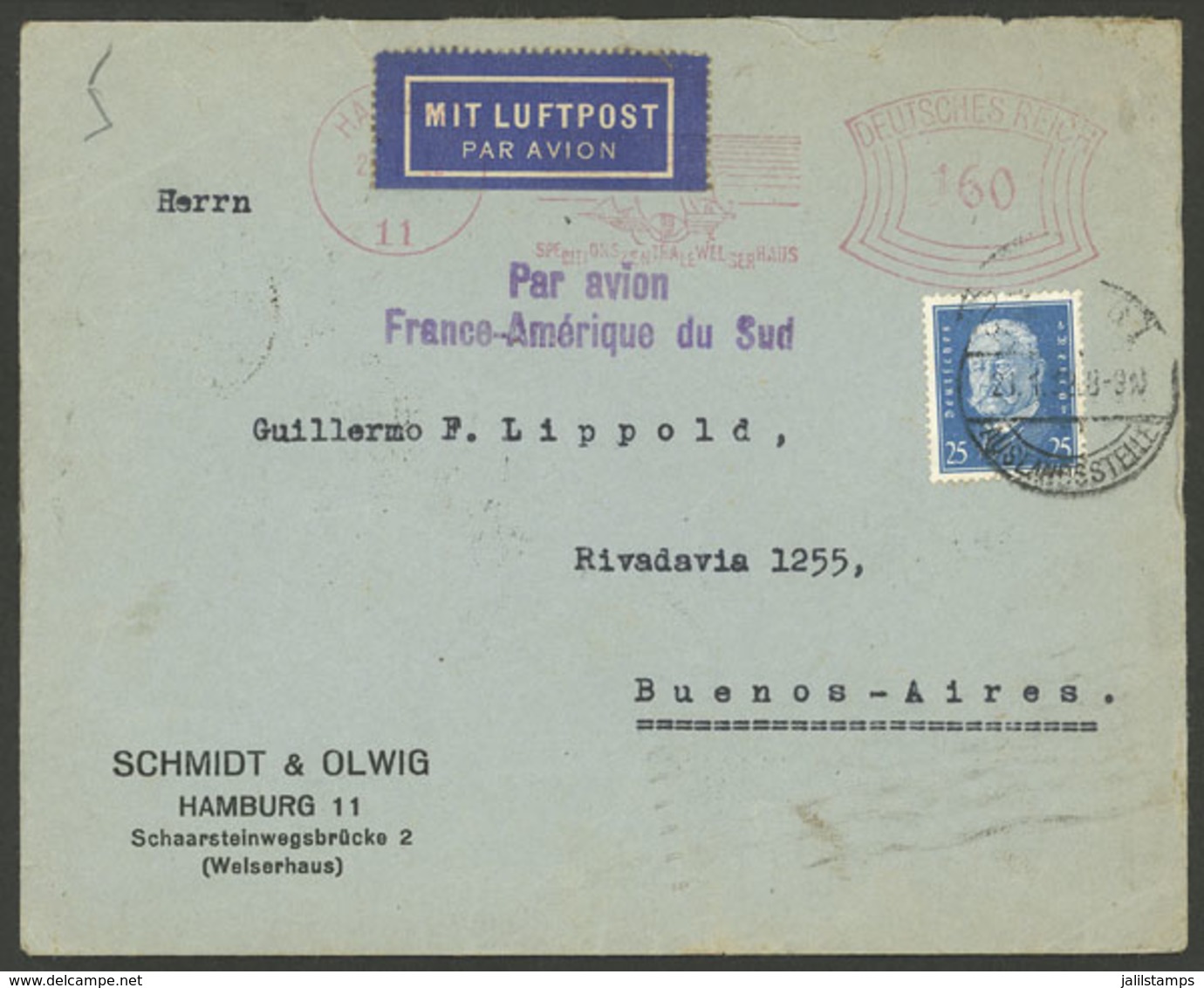 GERMANY: MIXED POSTAGE: Airmail Cover Sent From Hamburg To Argentina On 21/JA/1932 By Air France With Meter Mark 1.60Mk. - Sonstige & Ohne Zuordnung