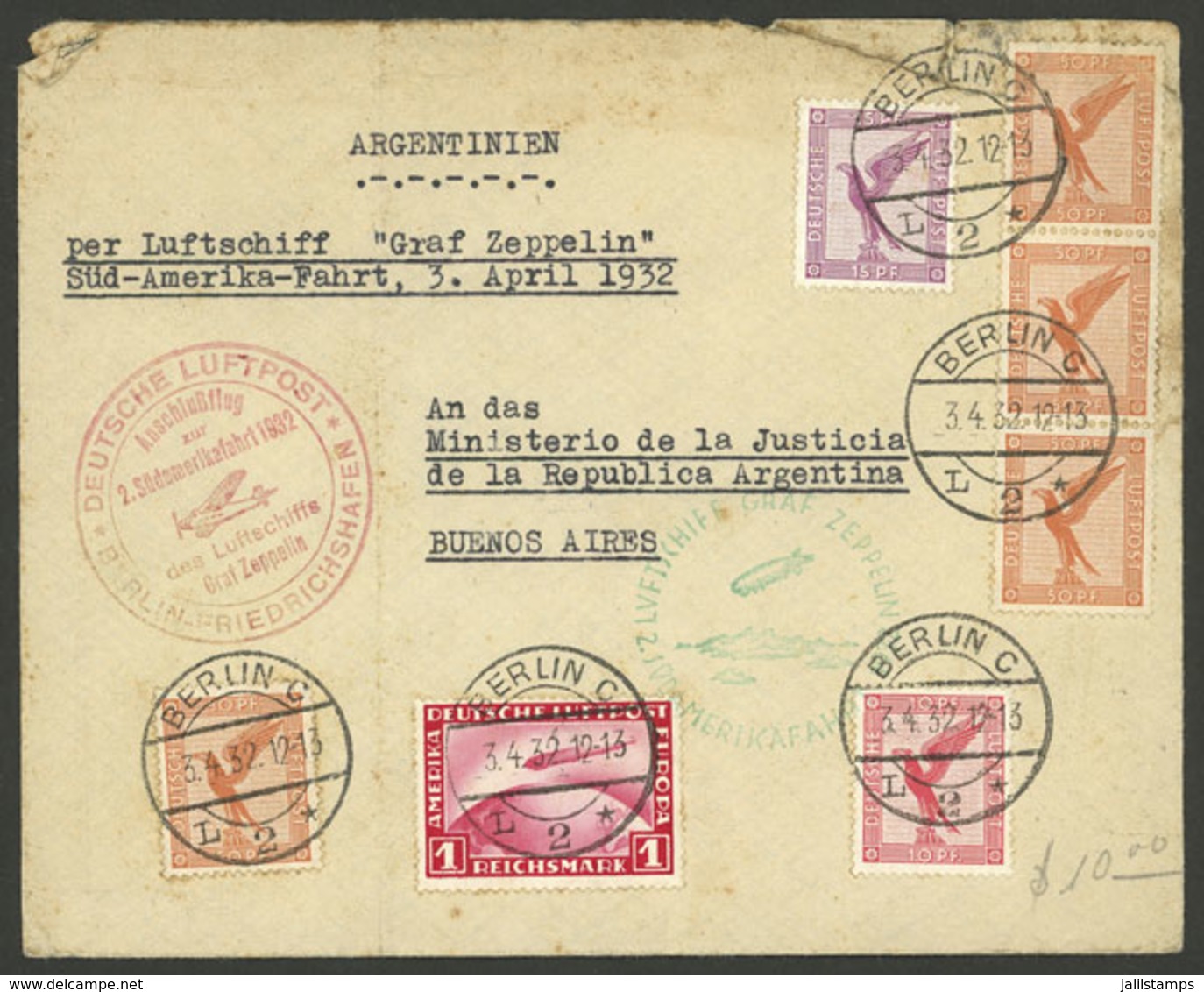 GERMANY: 3/AP/1932 Berlin - Argentina, Airmail Cover Sent By Zeppelin With Nice Postage, 2nd Flight Of The Year To South - Otros & Sin Clasificación