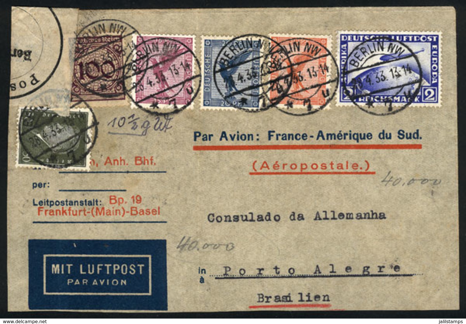 GERMANY: Airmail Cover Sent From Berlin To Brazil On 28/AP/1933 Via Air France, With Very Nice Multicolor Postage Of 4.1 - Altri & Non Classificati