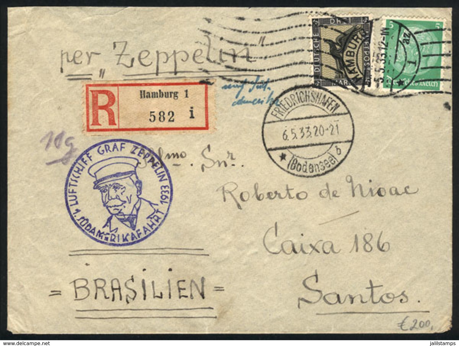 GERMANY: ZEPPELIN: Registered Airmail Cover Sent From Hamburg To Brazil On 6/MAY/1933 Franked With 3.05Mk., Very Nice! - Altri & Non Classificati