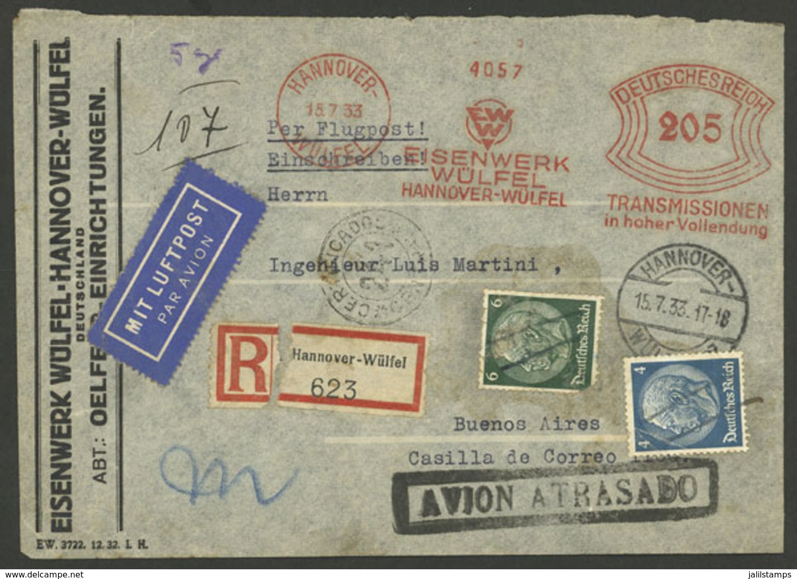 GERMANY: 15/JUL/1933 Hannover - Argentina, Registered Airmail Cover Sent By Air France (Marseille Transit Backstamp 17/J - Altri & Non Classificati