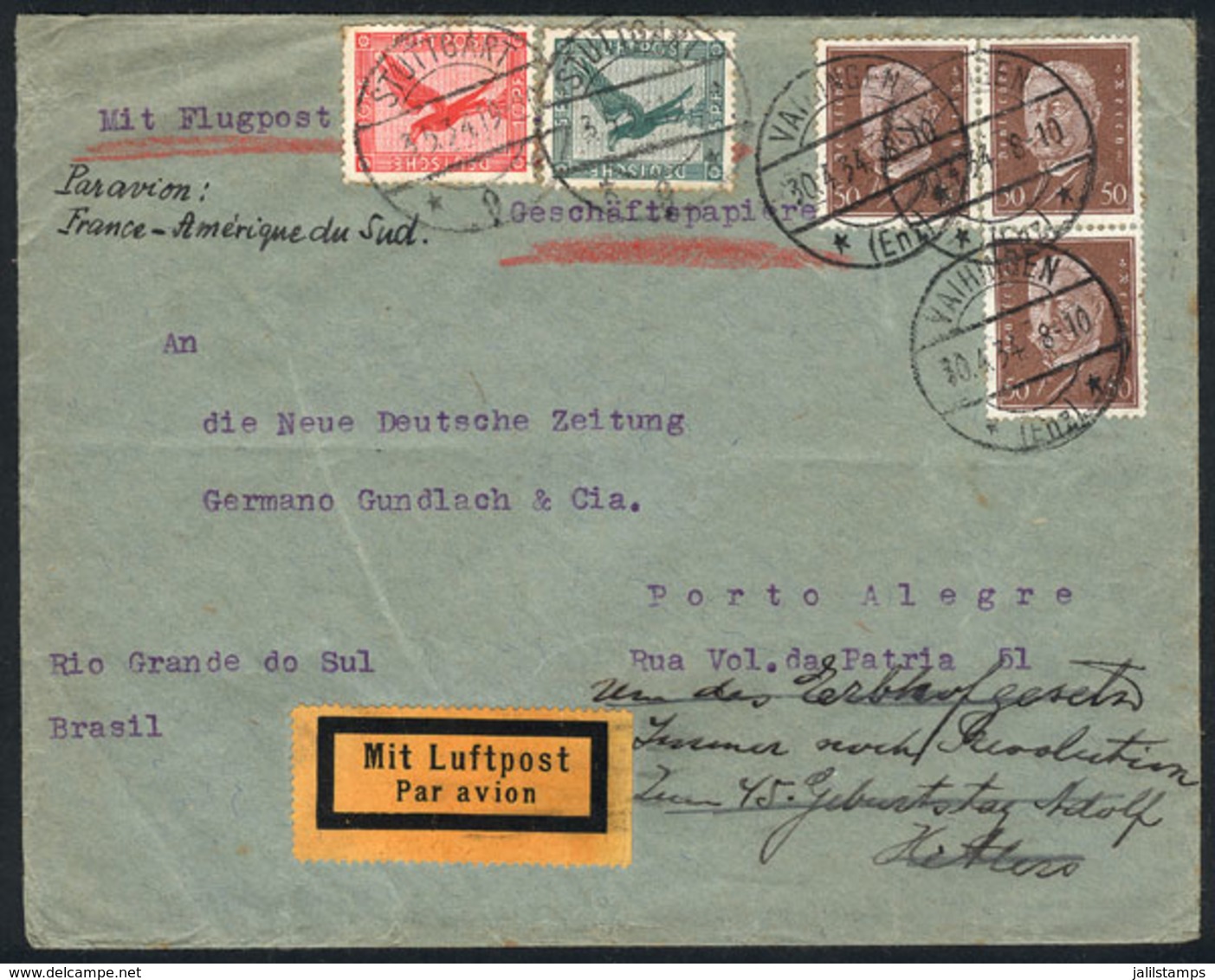 GERMANY: Airmail Cover Sent From Stuttgart To Porto Alegre (Brazil) On 30/AP/1934 Via AIR FRANCE, VF Quality! - Sonstige & Ohne Zuordnung