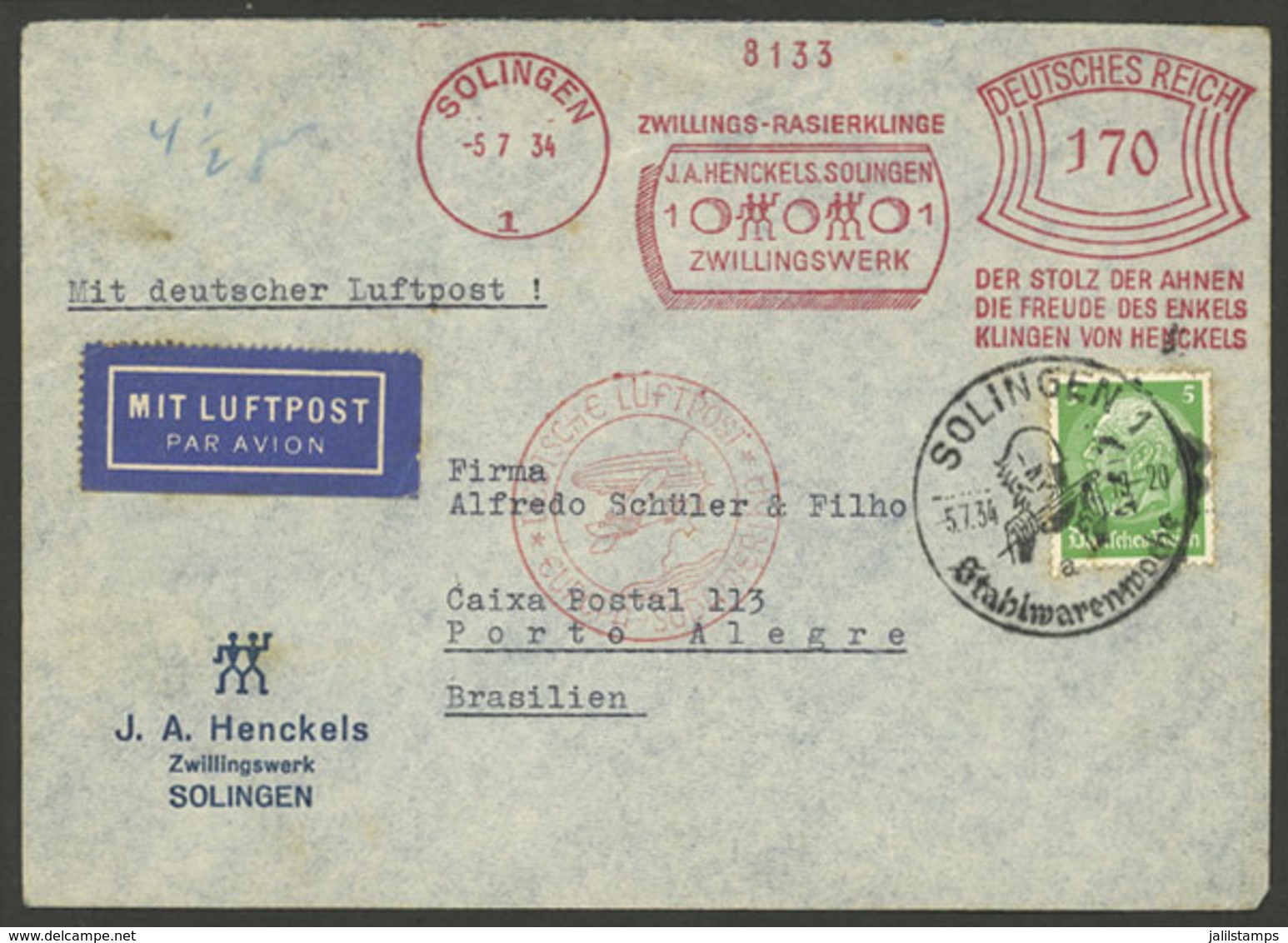 GERMANY: 5/JUL/1934 Solingen - Brazil, Airmail Cover Sent By DLH With Mixed Postage: Postage Stamp 5Pg. + Meter 1.70Mk.  - Altri & Non Classificati