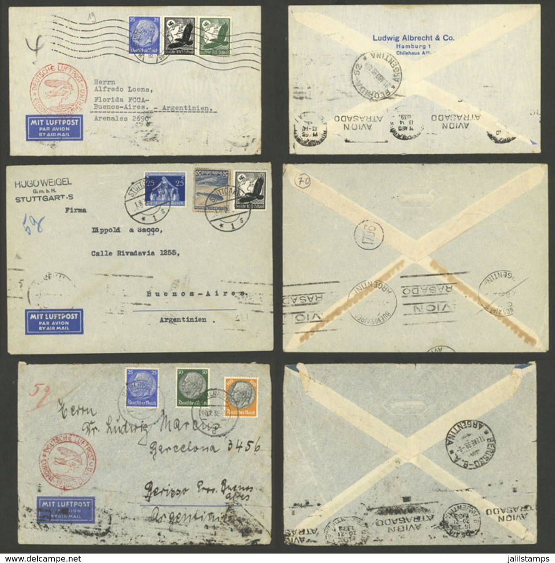 GERMANY: DELAYED AIRPLANE: 3 Airmail Covers Sent To Argentina In 1936 And 1939 (2), On Back Buenos Aires Mark And "Avión - Altri & Non Classificati