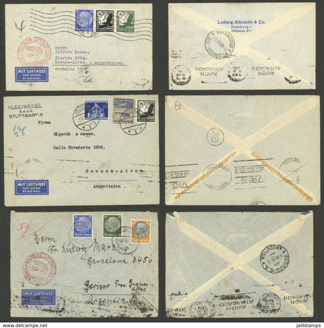 GERMANY: DELAYED AIRPLANE: 3 Airmail Covers Sent To Argentina In 1936 And 1939 (2), On Back Buenos Aires Mark And "Avión - Otros & Sin Clasificación