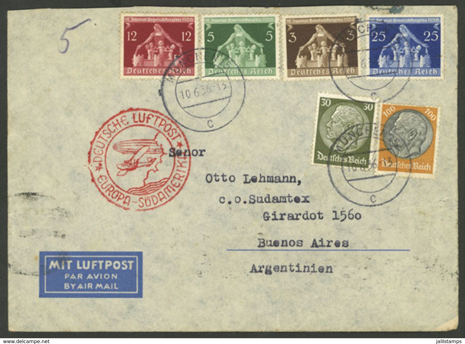 GERMANY: 10/JUN/1936 München - Argentina, Airmail Cover Sent By DLH With Handsome Multicolor Postage Of 1.75Mk, VF! - Other & Unclassified