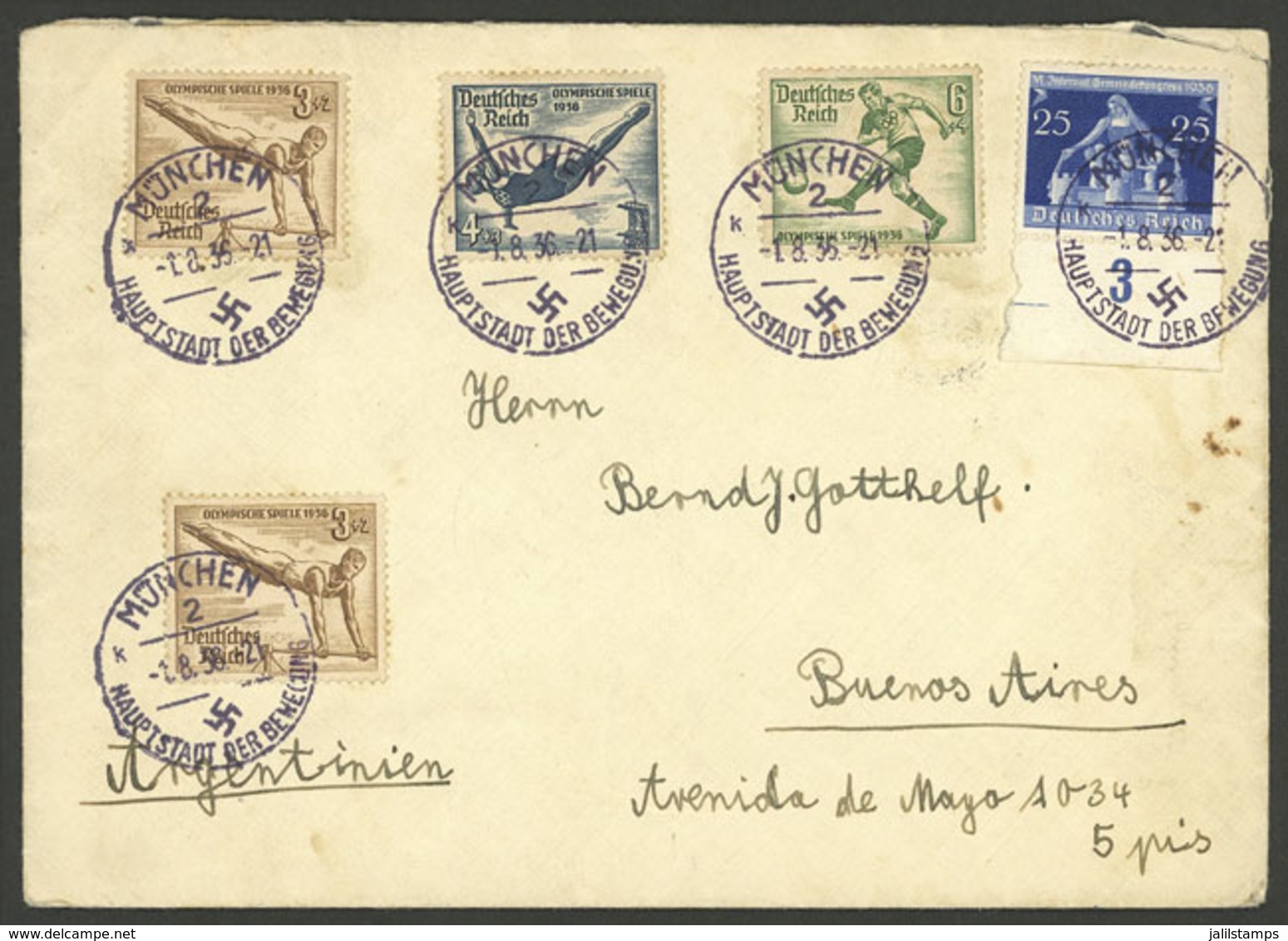 GERMANY: 1/AU/1936 München - Argentina, Cover With Nice Multicolor Postage And Nazi Cancels, Interesting! - Sonstige & Ohne Zuordnung