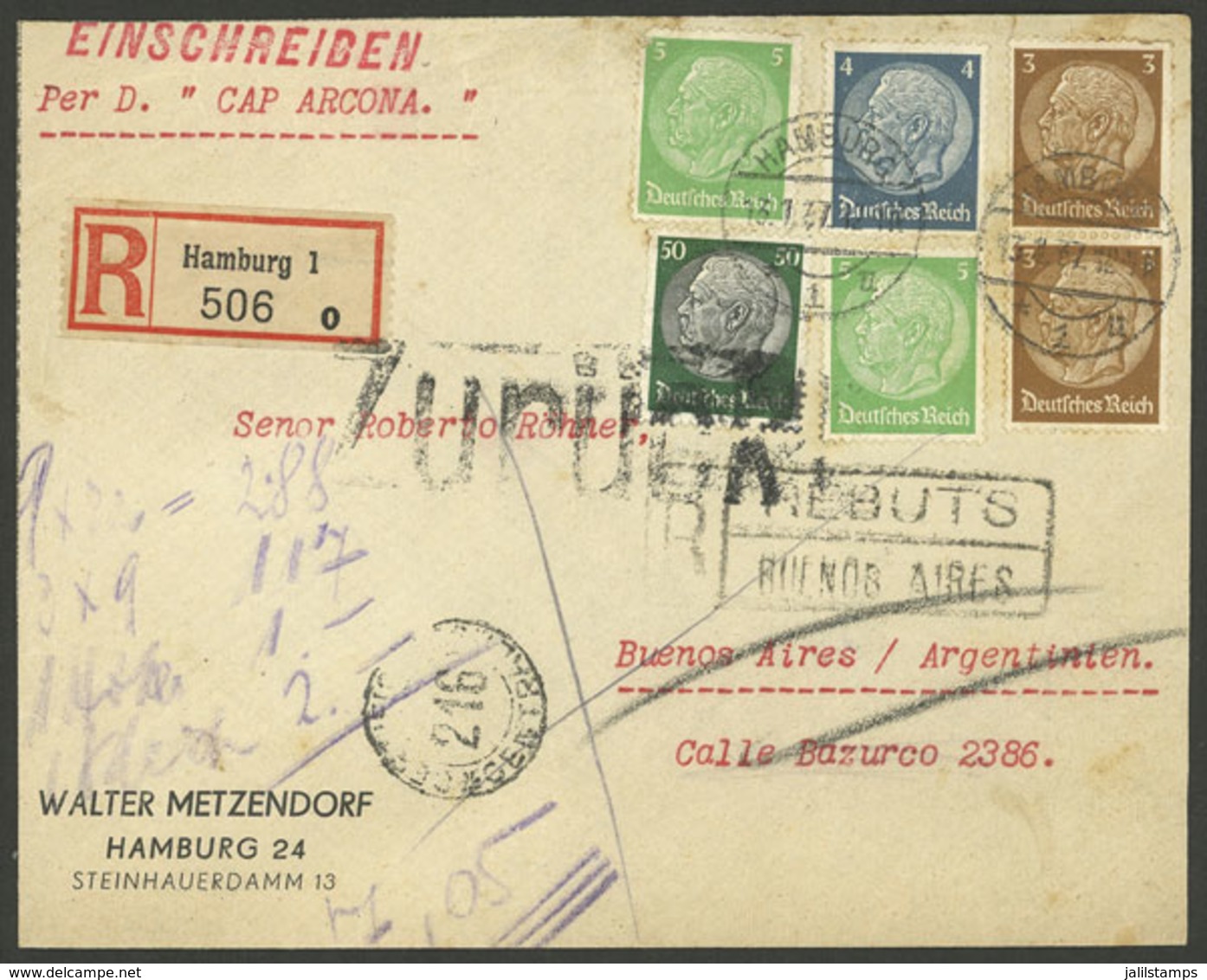 GERMANY: 13/JA/1937 Hamburg - Argentina, Registered Cover Sent "by Cap Arcona" Franked With 70Pg. And Returned To Sender - Altri & Non Classificati