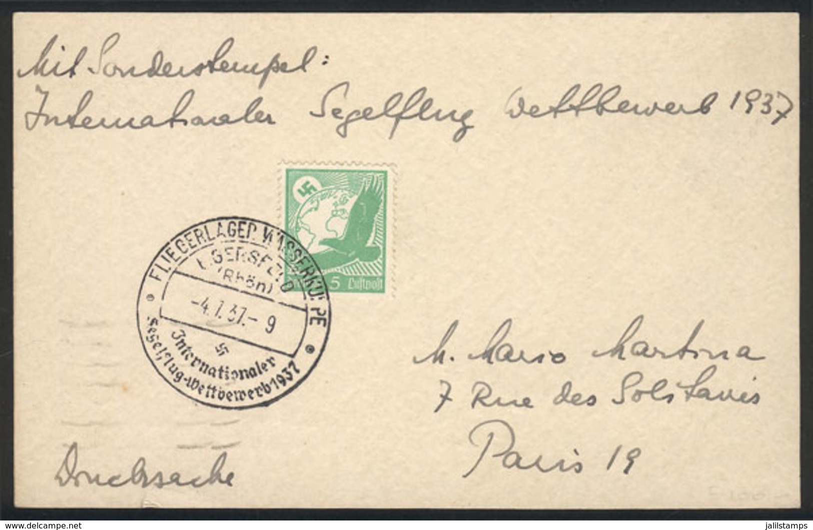 GERMANY: FIRST WORLD GLIDING CHAMPIONSHIP: Card Franked With 5Pg. Flown By Glider In Wasserkuppe (special Postmark), Sen - Altri & Non Classificati