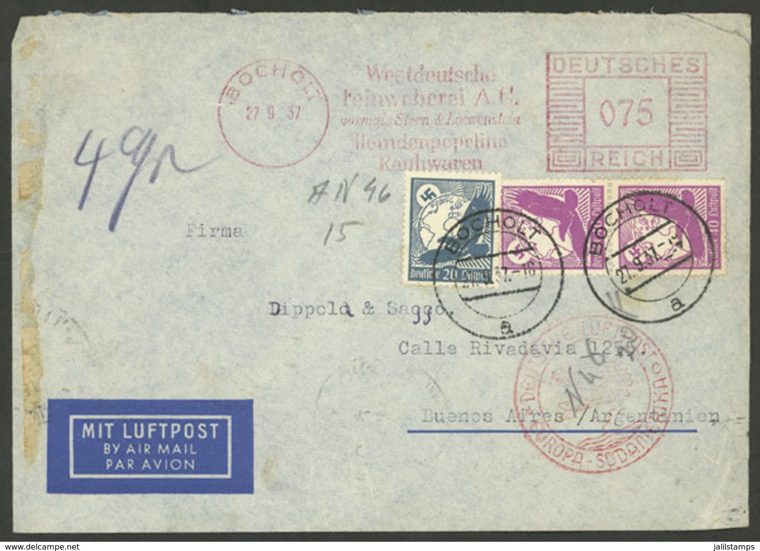 GERMANY: MIXED POSTAGE: Airmail Cover Sent From Bocholt To Argentina On 27/SE/1937 By DLH With Meter Mark 75Pg. + Postag - Altri & Non Classificati
