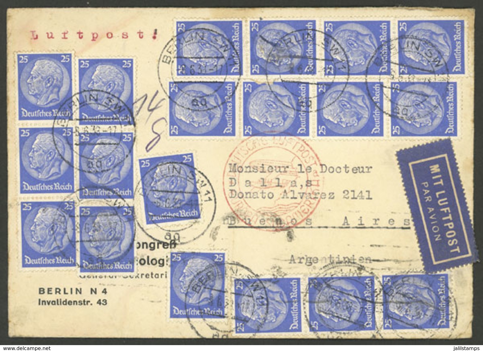 GERMANY: 8/JUN/1938 Berlin - Argentina, Airmail Cover With Spectacular Franking Of 4.75Mk., VF! - Autres & Non Classés