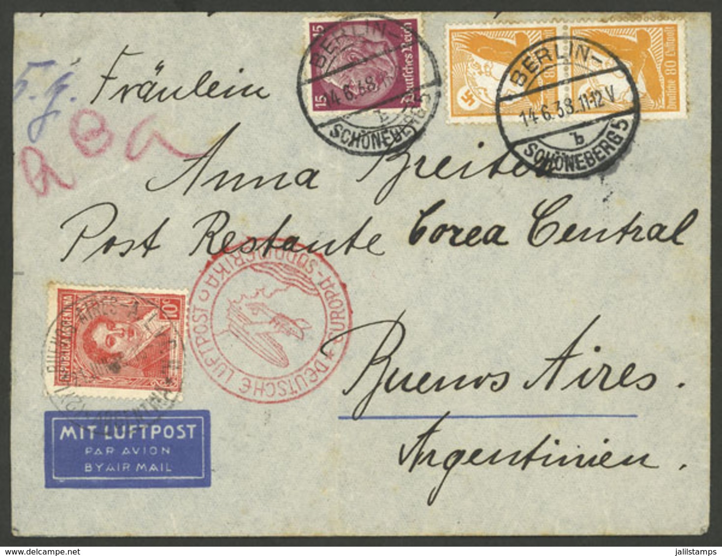 GERMANY: MIXED POSTAGE: Airmail Cover Sent From Berlin To Argentina On 14/JUN/1938 By DLH To Poste Restante In Buenos Ai - Autres & Non Classés