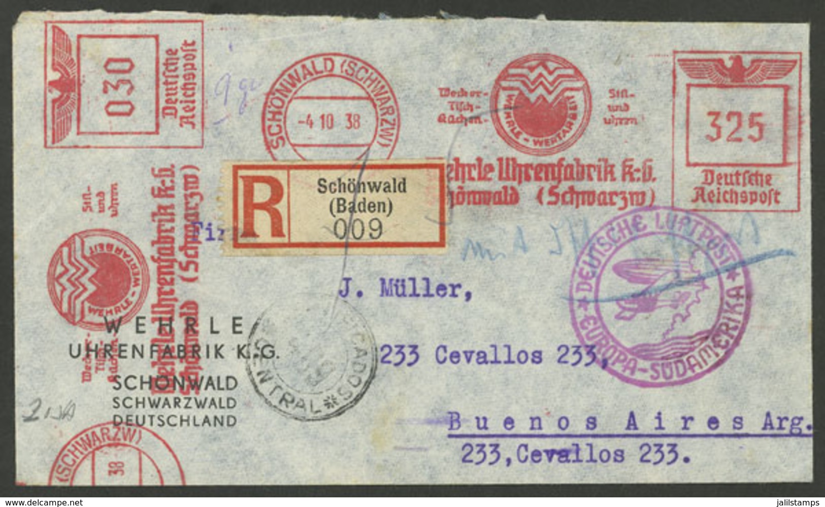 GERMANY: 4/OC/1938 Schönwald - Argentina, Registered Airmail Cover Sent By DLH With Meter Marks 30Pg. + 3,25Mk., VF Qual - Autres & Non Classés