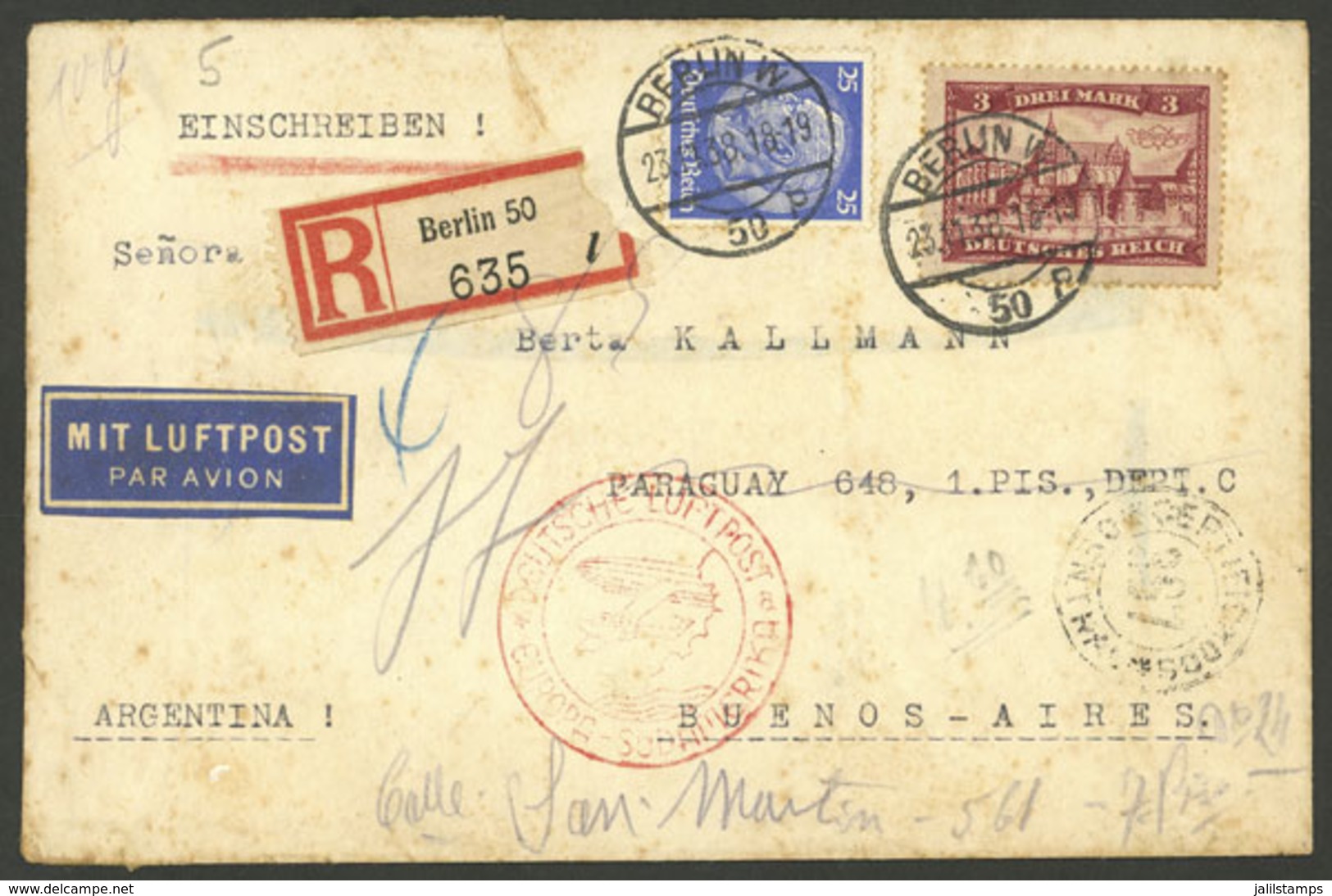 GERMANY: 23/NO/1938 Berlin - Argentina, Registered Airmail Cover Sent By DLH Franked With 3.25Mk., With Light Staining B - Sonstige & Ohne Zuordnung