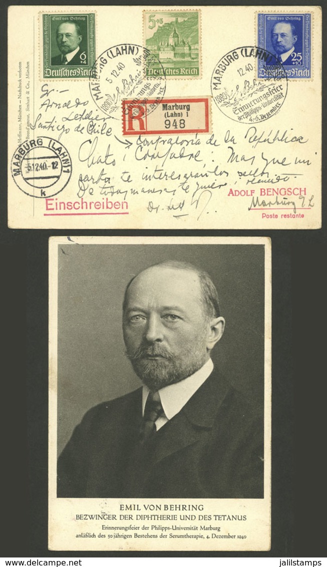 GERMANY: 5/DE/1940 Marburg - Santiago De Chile, Postcard With View Of Emil Von Behring Sent By Registered Mail With 3-co - Autres & Non Classés