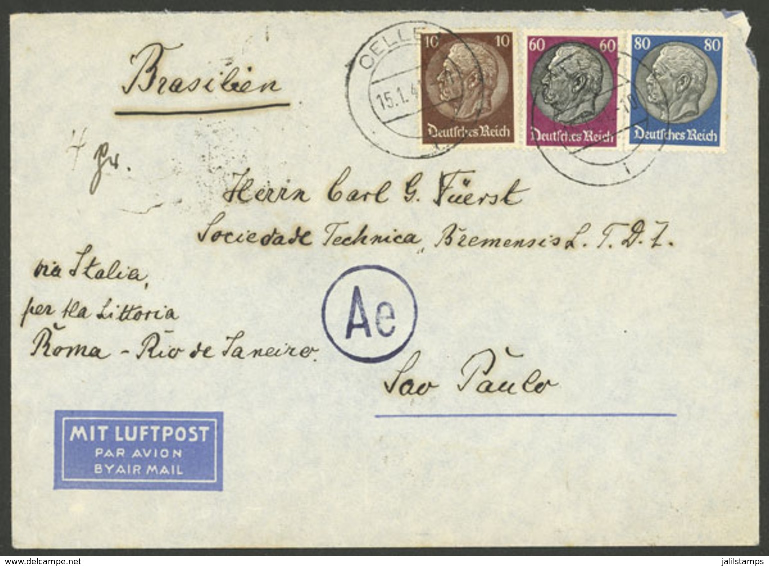 GERMANY: 15/JA/1941 Celle - Brazil, Airmail Cover Sent By LATI Franked With 1.50Mk., Sao Paulo Arrival Backstamp Of 3/FE - Autres & Non Classés