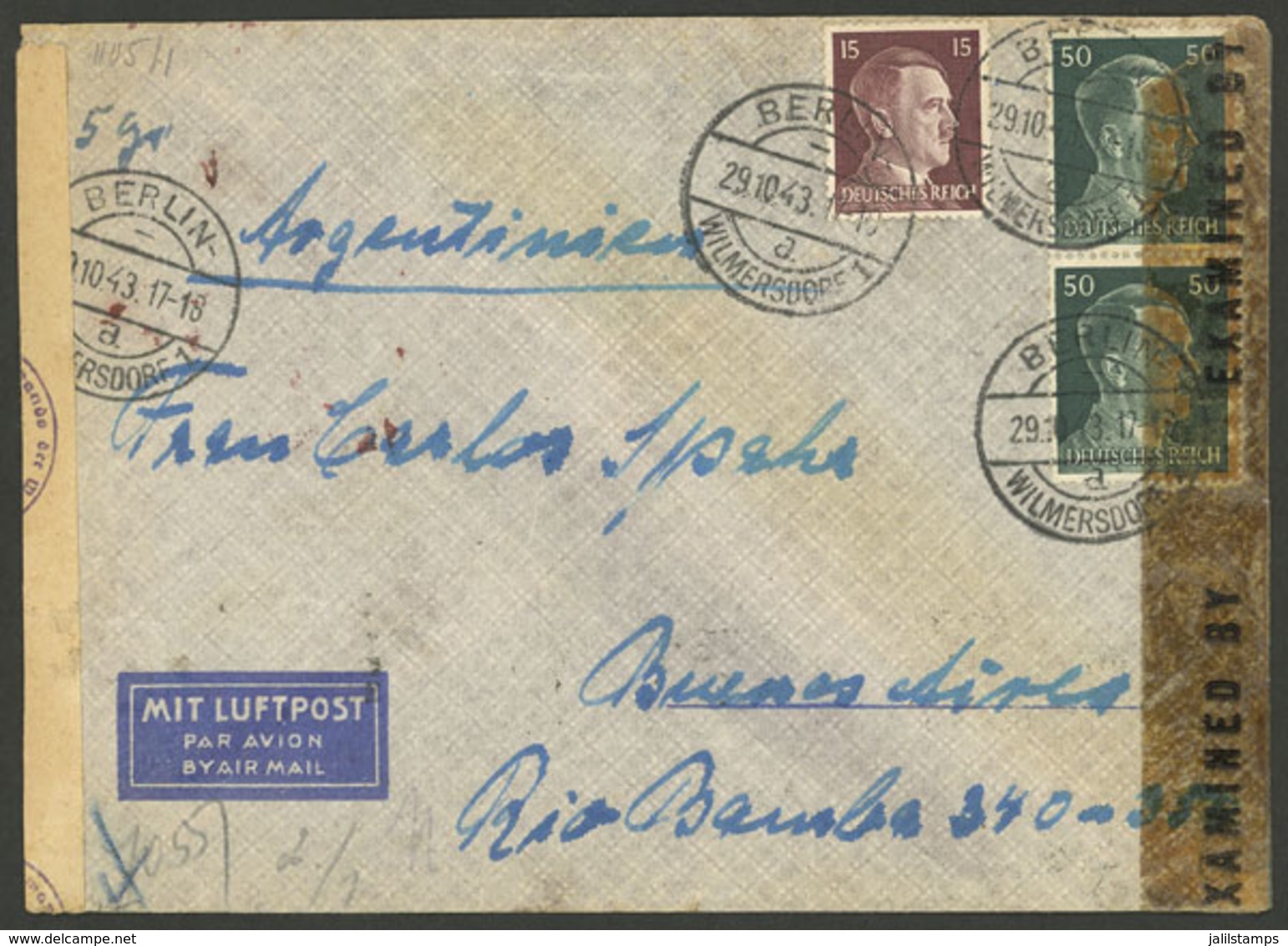 GERMANY: 29/OC/1943 Berlin - Argentina, Airmail Cover Franked With 1.15Mk., Nazi + Allied Double Censoring, And Arrival  - Autres & Non Classés