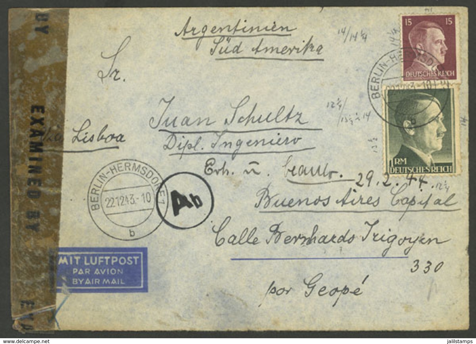 GERMANY: 22/DE/1943 Berlin - Argentina, Airmail Cover Franked With 1.15Mk., With Buenos Aires Arrival Backstamp 28/DE/19 - Autres & Non Classés