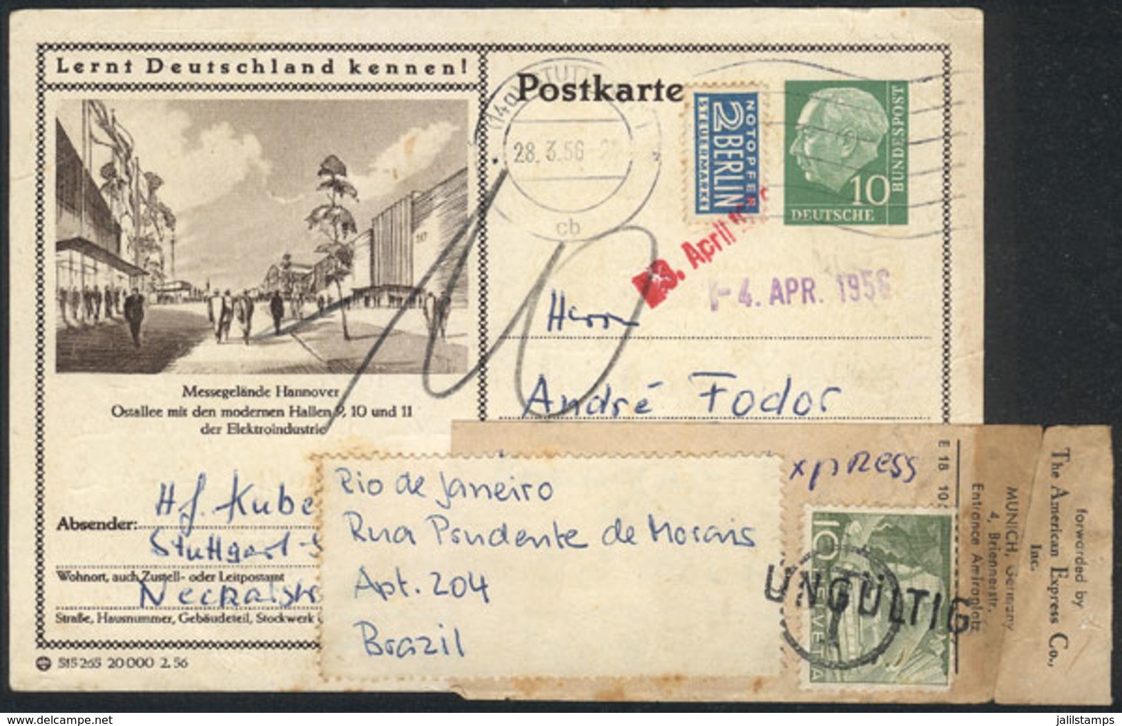 GERMANY: Postal Card Illustrated With View Of The Hannover Exhibition, Sent On 28/MAR/1956 To An Address In Germany And  - Autres & Non Classés