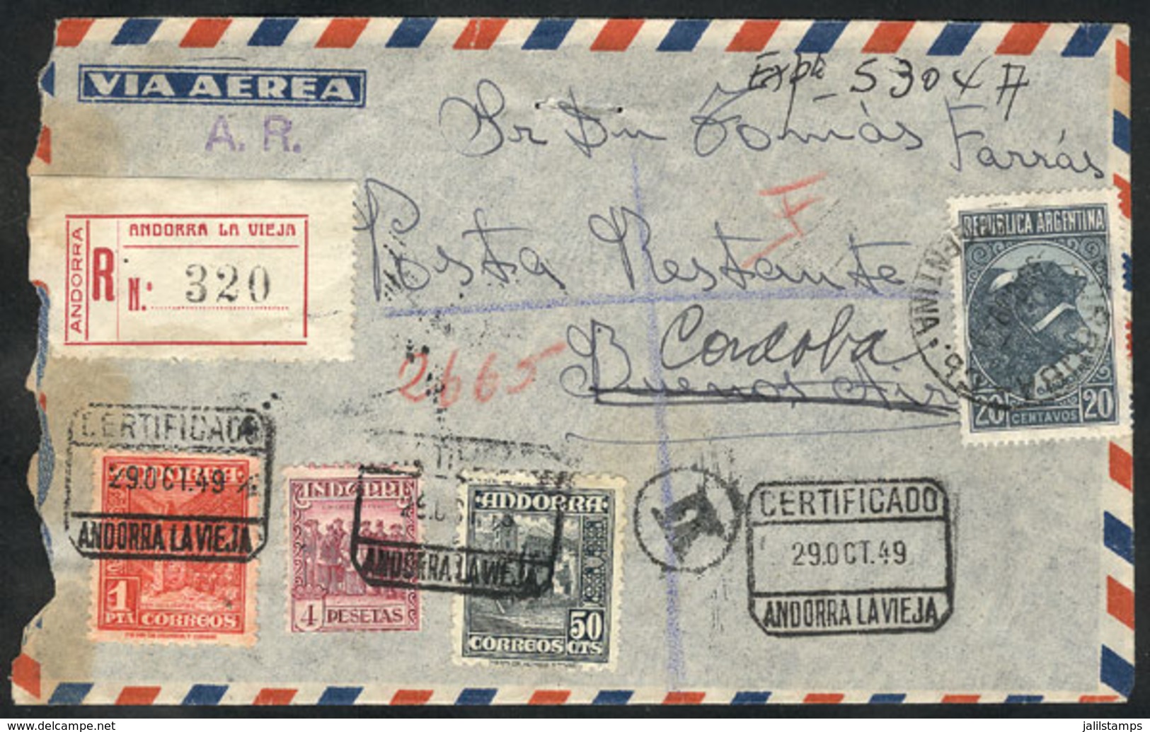 SPANISH ANDORRA: Registered Airmail Cover Sent To Argentina On 29/OC/1949, Franked With 5.50Ptas. + Argentina Stamp Of 2 - Autres & Non Classés