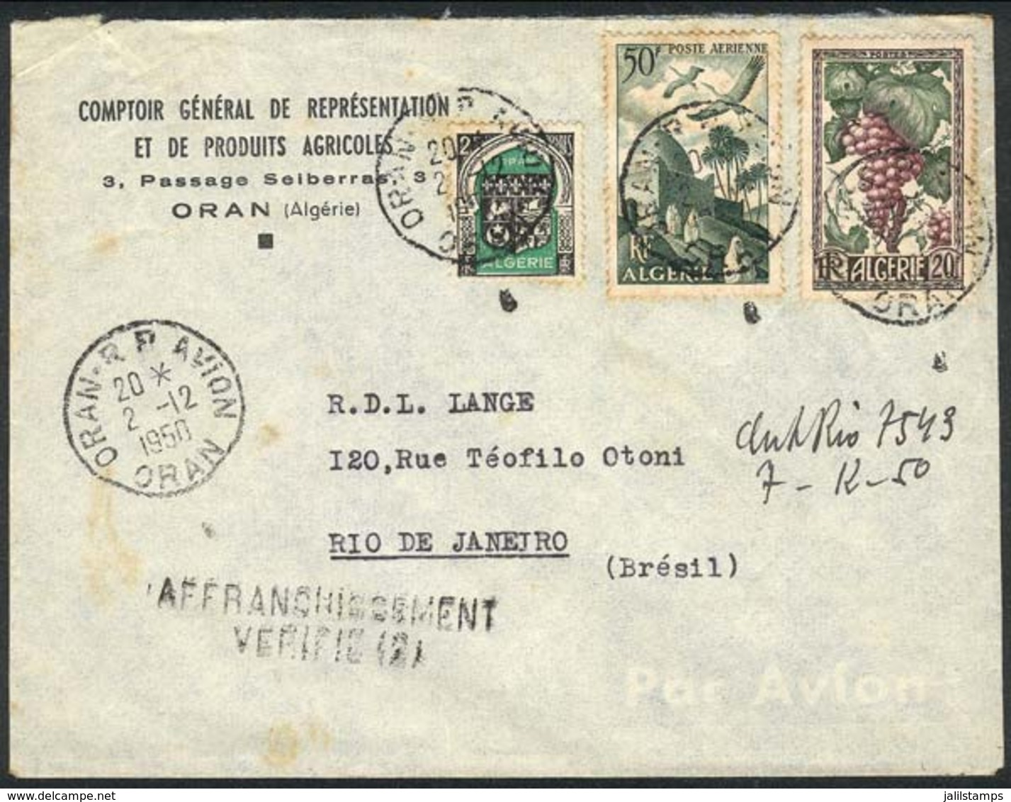 ALGERIA: Airmail Cover Sent From Oran To Brazil On 2/DE/1950, Unusual Destination! - Autres & Non Classés