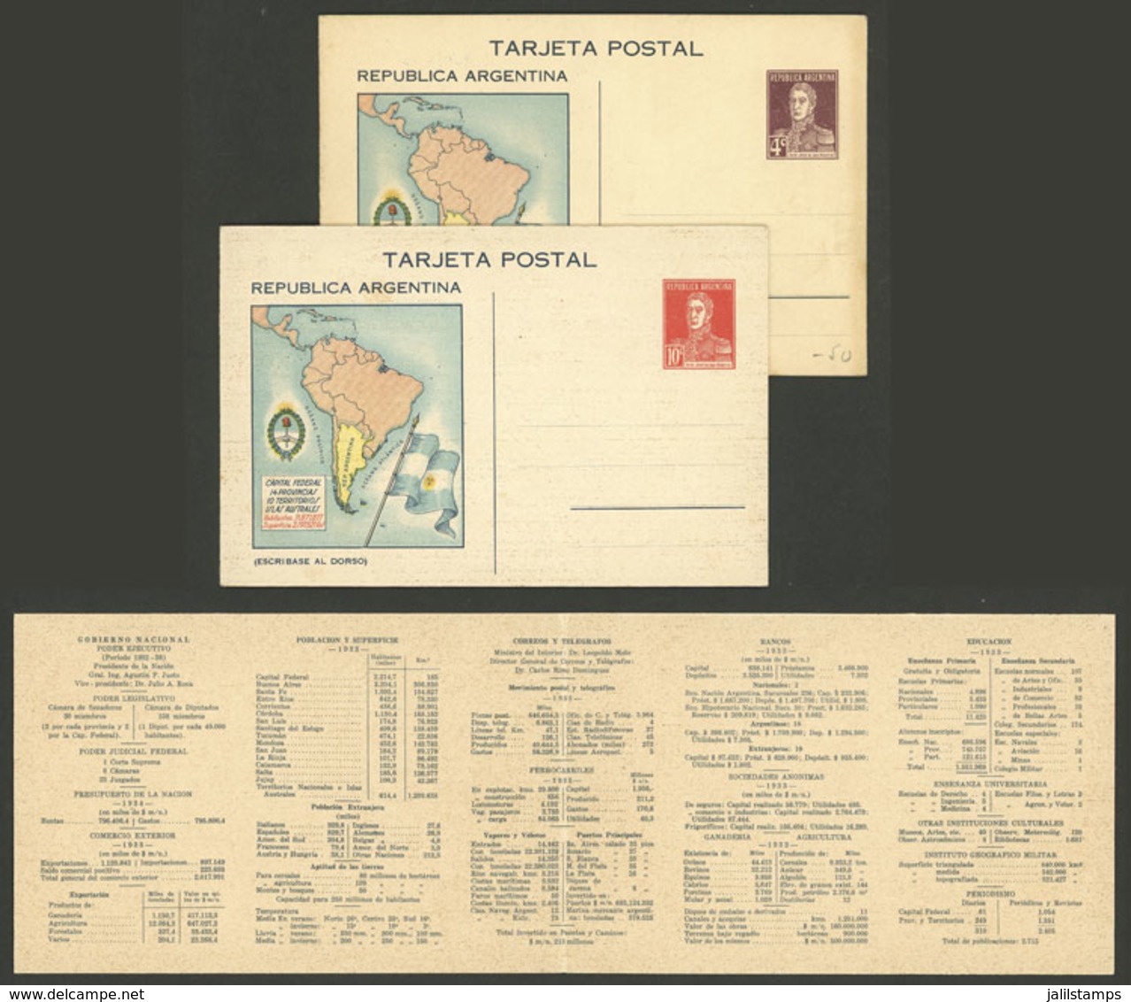 ARGENTINA: GJ.TAR-65/66, 1934 San Martín W/o Period, Set Of 2 Double Postal Cards (4c. And 10c.) With Map Of South Ameri - Entiers Postaux