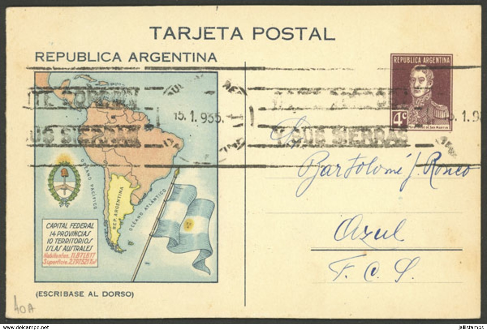 ARGENTINA: GJ.TAR-65, 1934 San Martín W/o Period 4c. Double Postal Card With Map Of South America And Inside Statistics  - Entiers Postaux
