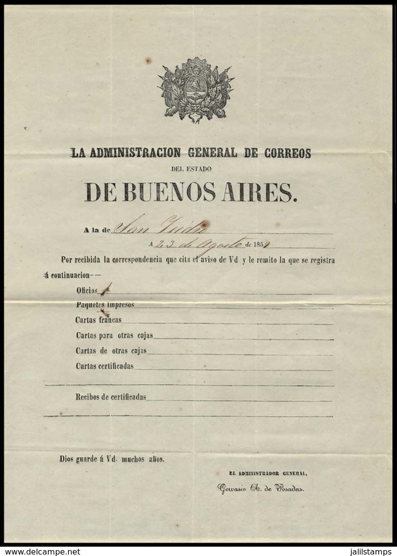 ARGENTINA: Guide Of Correspondence Sent From The General Post Office Administration Of The STATE OF BUENOS AIRES To That - Préphilatélie