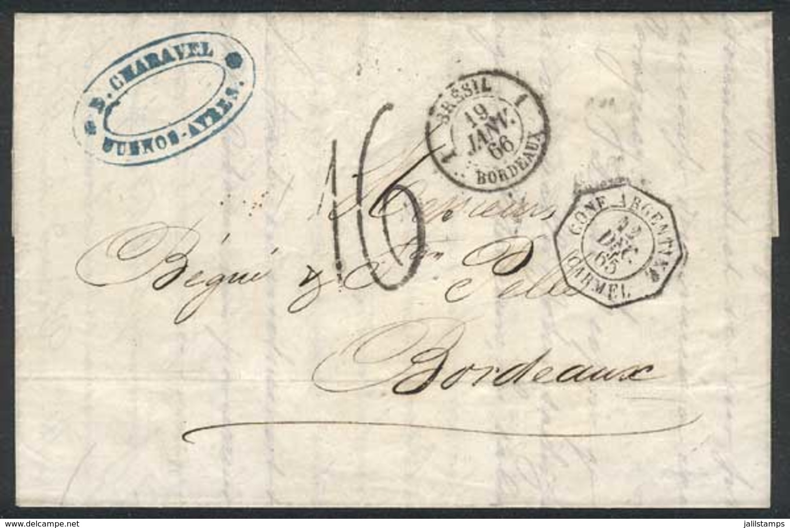 ARGENTINA: Complete Folded Letter From B.Aires (12/DE/1865) To Bordeaux (19/JA/66) To Collect, LAST JOURNEY BEFORE THE C - Préphilatélie