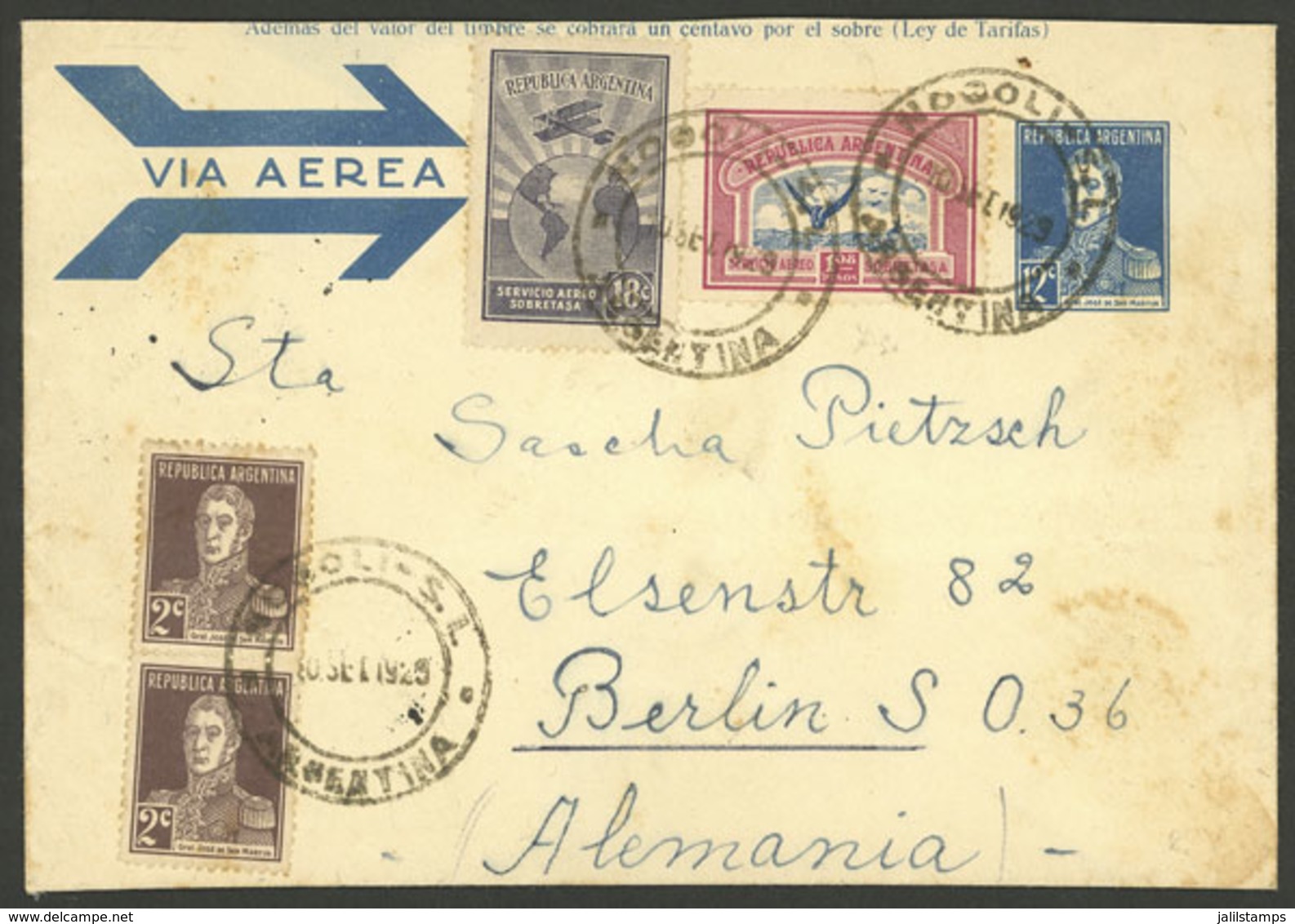 ARGENTINA: 10/SE/1929 NOGOLI (San Luis) - Germany, 12c. Airmail Stationery Envelope + Additional Postage (total 1.42P.), - Préphilatélie