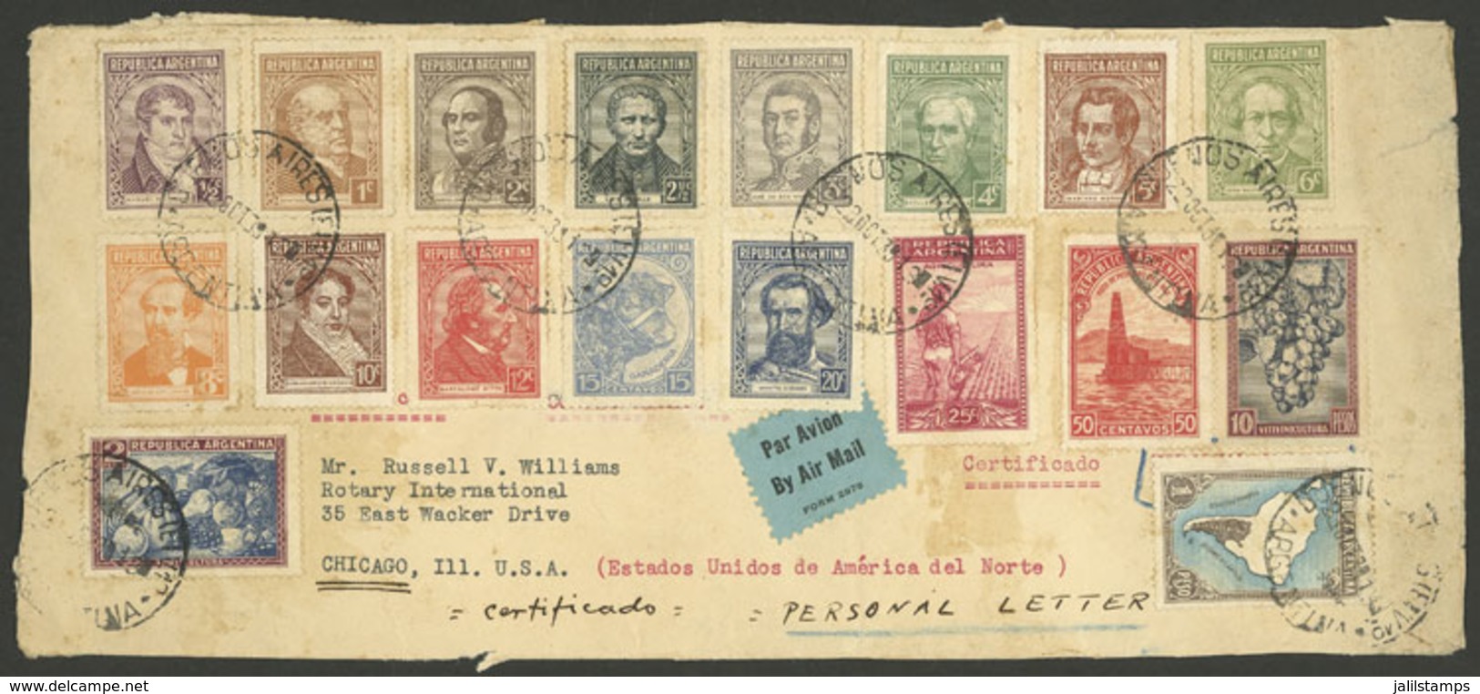 ARGENTINA: COLORFUL POSTAGE: Registered Airmail Cover Front Sent From Buenos Aires To USA On 23/OC/1938 With 18 Differen - Préphilatélie