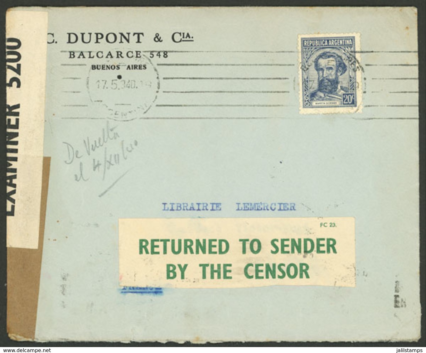 ARGENTINA: 17/MAY/1940 Buenos Aires - Paris (France, Zone Occupied By The Germans), Cover Franked With 20c., Censored Po - Préphilatélie