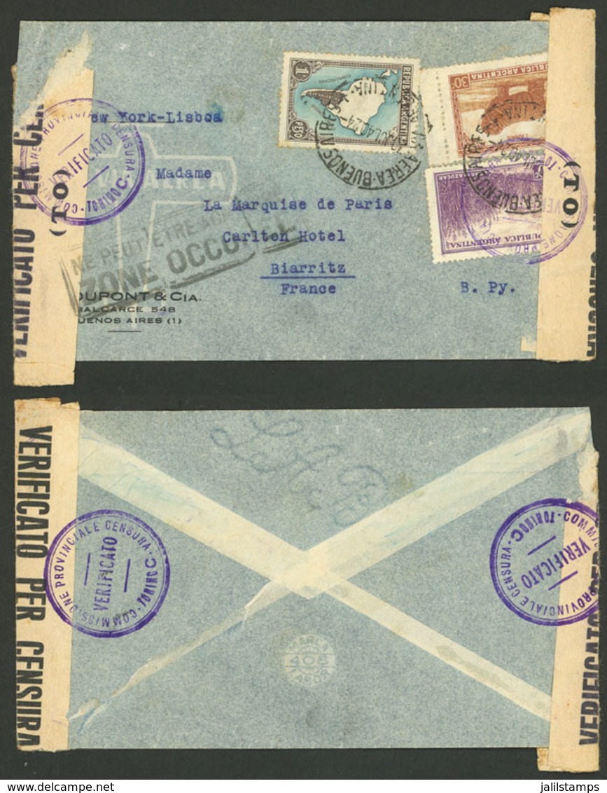 ARGENTINA: 30/JUL/1940 Buenos Aires - France (ZONE OCCUPIED BY GERMANY), Airmail Cover Franked With 1.70P. Sent To Biarr - Préphilatélie