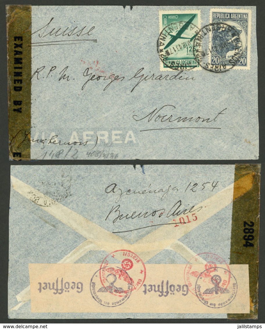 ARGENTINA: 18/MAR/1943 Buenos Aires - Switzerland, Airmail Cover Franked With 1.45P. And Double Censor Label: Allied + N - Prefilatelia