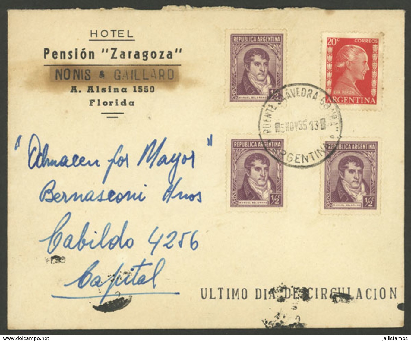 ARGENTINA: LAST DAY OF USE: Cover With Corner Card Of Hotel Pensión Zaragoza (Nonis & Gaillard) Franked With Eva Perón 2 - Préphilatélie