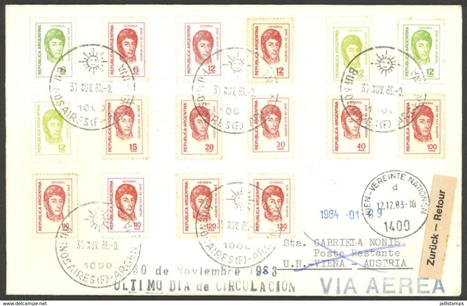 ARGENTINA: 30/NO/1983 LAST DAY OF USE Of Stamps Of Proceres & Riquezas III Issue (small Size), 16 Examples On Airmail Co - Préphilatélie