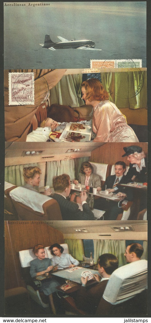 ARGENTINA: AEROLÍNEAS ARGENTINAS: Set Of 4 Cards With Good Views Of The Interior Of DC-6 Airplanes, Franked And With Fir - Argentine