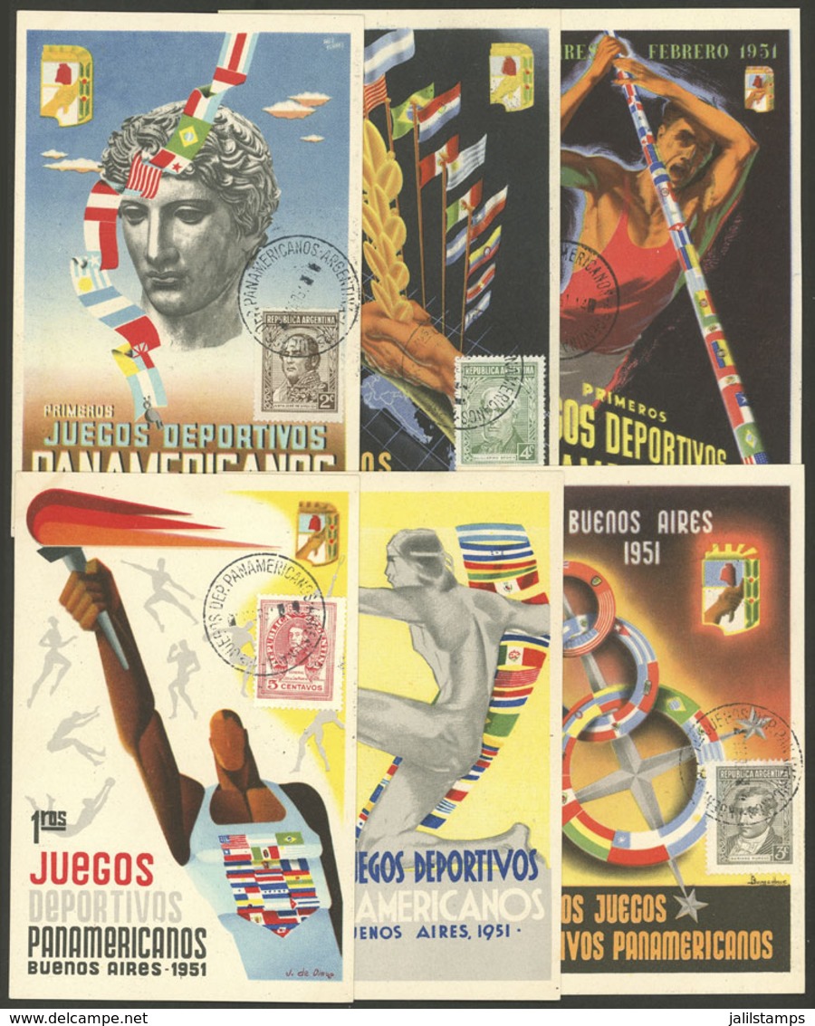 ARGENTINA: PERONISM And SPORT: Set Of 6 Cards Of The "First Pan-American Games" (Buenos Aires, 1951), All With Very Inte - Argentine