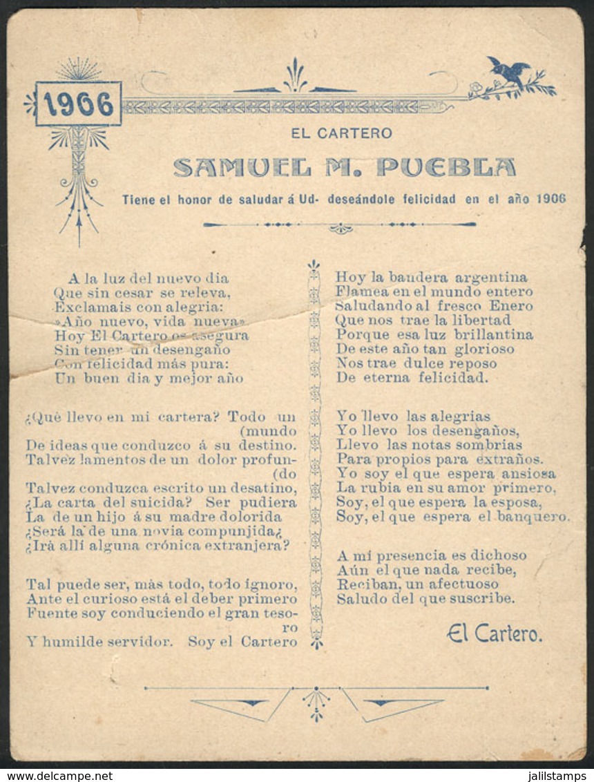 ARGENTINA: New Year Greeting Card Of The Postman Samuel M. Puebla (year 1906), Possibly Of Buenos Aires, Very Rare. It H - Non Classés