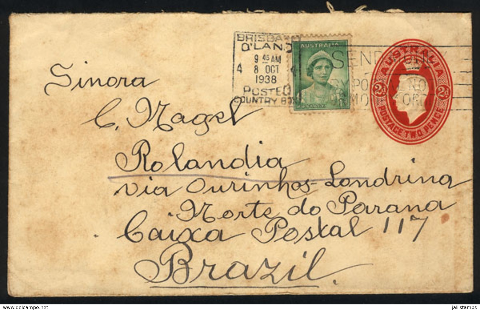 AUSTRALIA: 2p. Stationery Envelope + Additional 1p., Sent From Brisbane To Brazil On 8/OC/1938, Rare Destination! - Autres & Non Classés