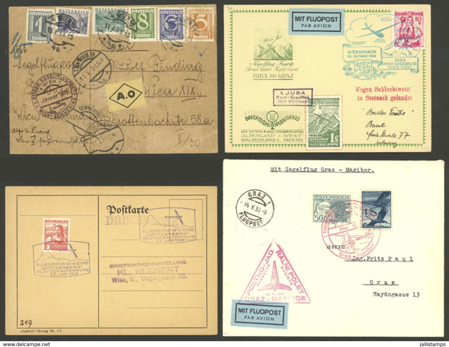 AUSTRIA: GLIDER FLIGHTS: 4 Cards Or Covers Flown Between 1933 And 1950, Very Fine Quality! - Autres & Non Classés